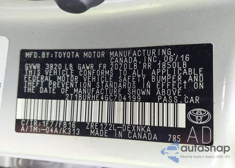 2016 Toyota Corolla Le z USA, uszkodzony, nr VIN 2T1BURHE4GC704199